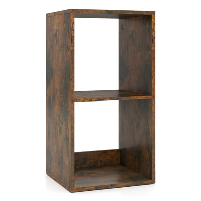 Étagère en bois à 2 cubes avec barre de protection arrière, idéale pour le salon, la chambre à coucher et le bureau, couleur brun rustique.