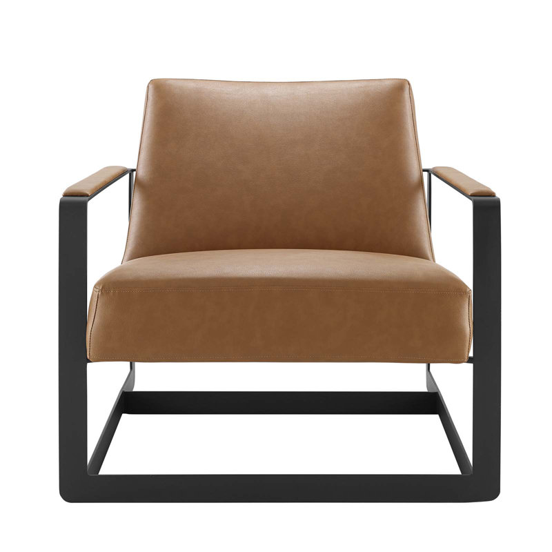 Tan Faux Leather Barrel Accent Chair with Metal Frame