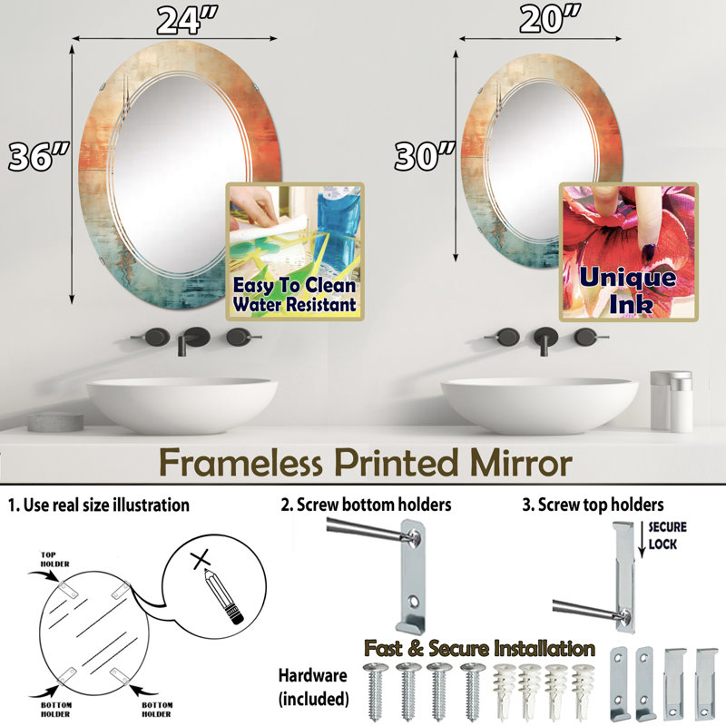 Bircotes - Miroir mural moderne ovale, 30 po x 20 po