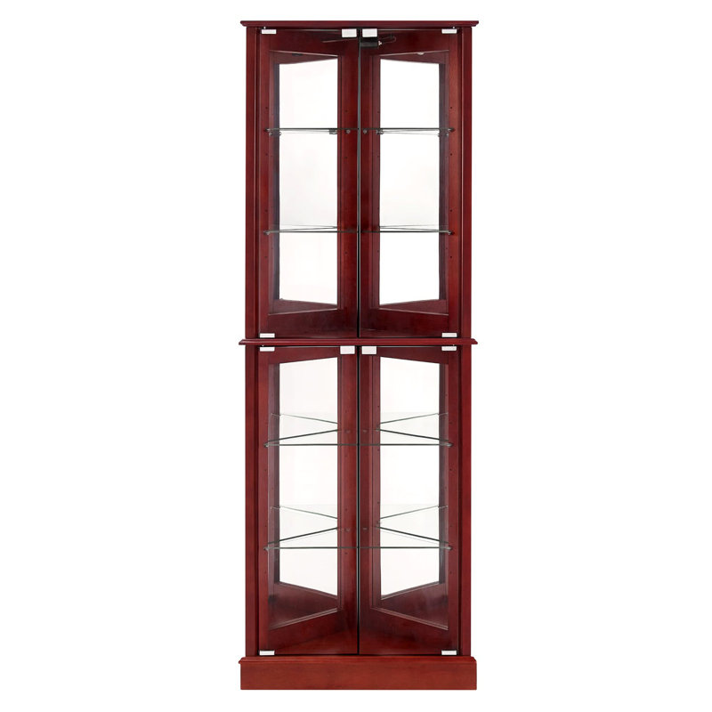 Vitrine en cerisier vitrine - rétro-éclairage en miroir, tablettes réglables, décor d'angle en verre trempé antique, Cerisier