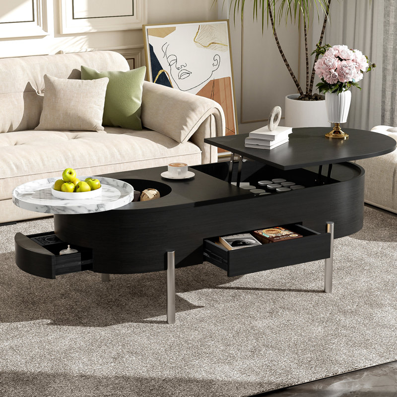 Élégante table basse à plateau relevable avec compartiment caché et plateau rotatif pour des solutions d'économie d'espace