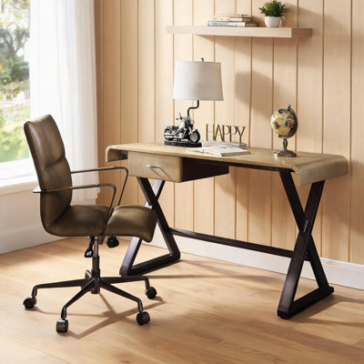 Bureau d'écriture rectangulaire en aluminium doré doux avec tiroir, base moderne en X, 50 po de largeur