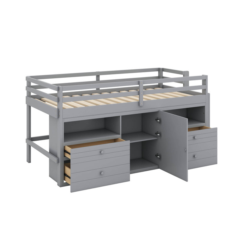 Lit mezzanine simple avec 4 tiroirs, armoire et tablettes, Gris