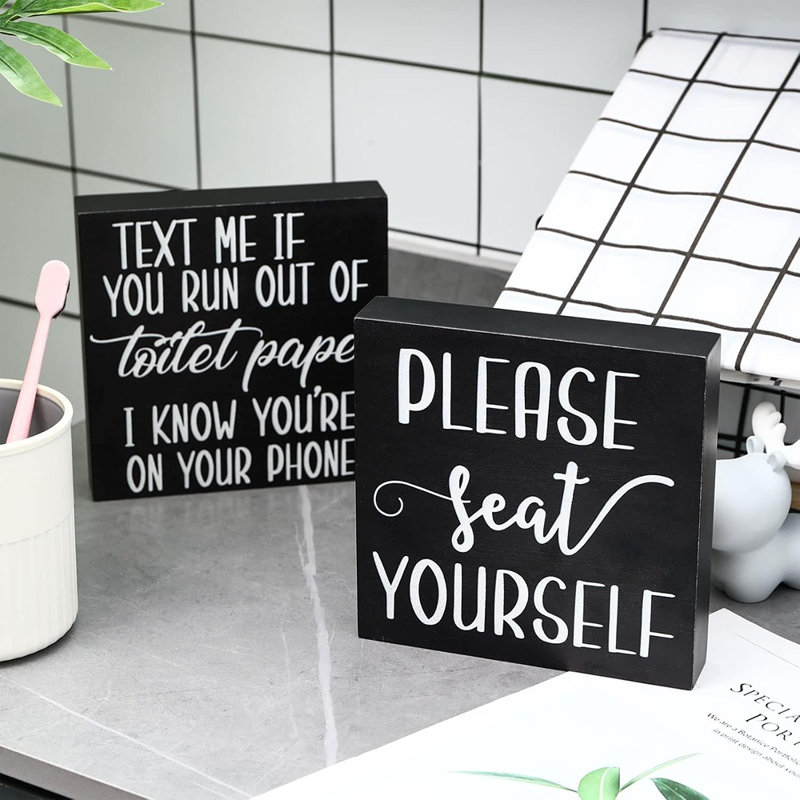 2 Pieces Farmhouse Bathroom Signs Decor Wooden Box Sign Funny Bathroom Wall Art Rustic Bathroom Wood Plaque Please Seat Yourself Bathroom Decor For Home Bathroom Restroom(Black)