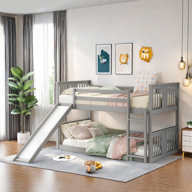 Lit superposé bas avec glissière réversible, Gris, Double sur double