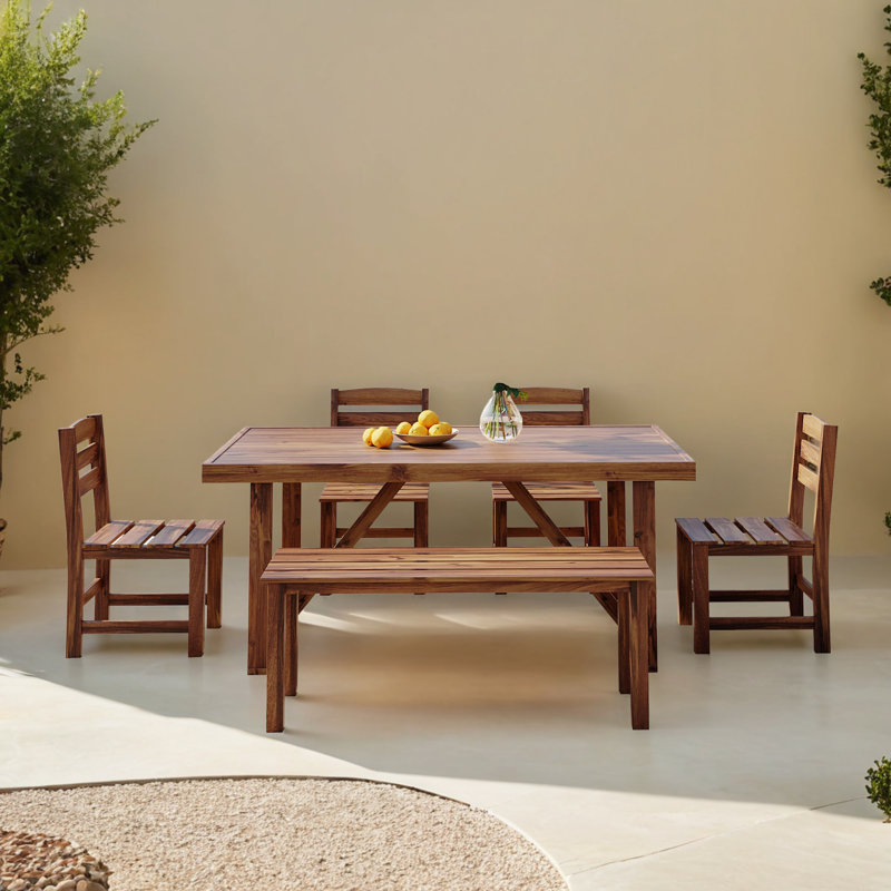 Ensemble de salle à manger d'extérieur 6 pièces avec table de salle à manger, banc et chaises, Brun