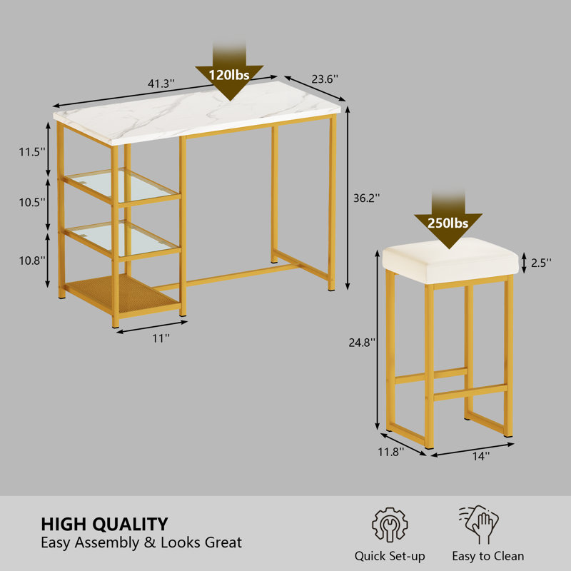 Ritsuko 3 Pieces Rectangular 41.3'' L x 23.6'' W Dining Set with Shelves and Upholstered Stools