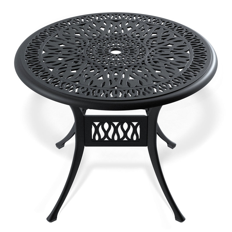 Table de salle à manger de patio en aluminium coulé 35,43 pouces avec structure noire et trou pour parasol