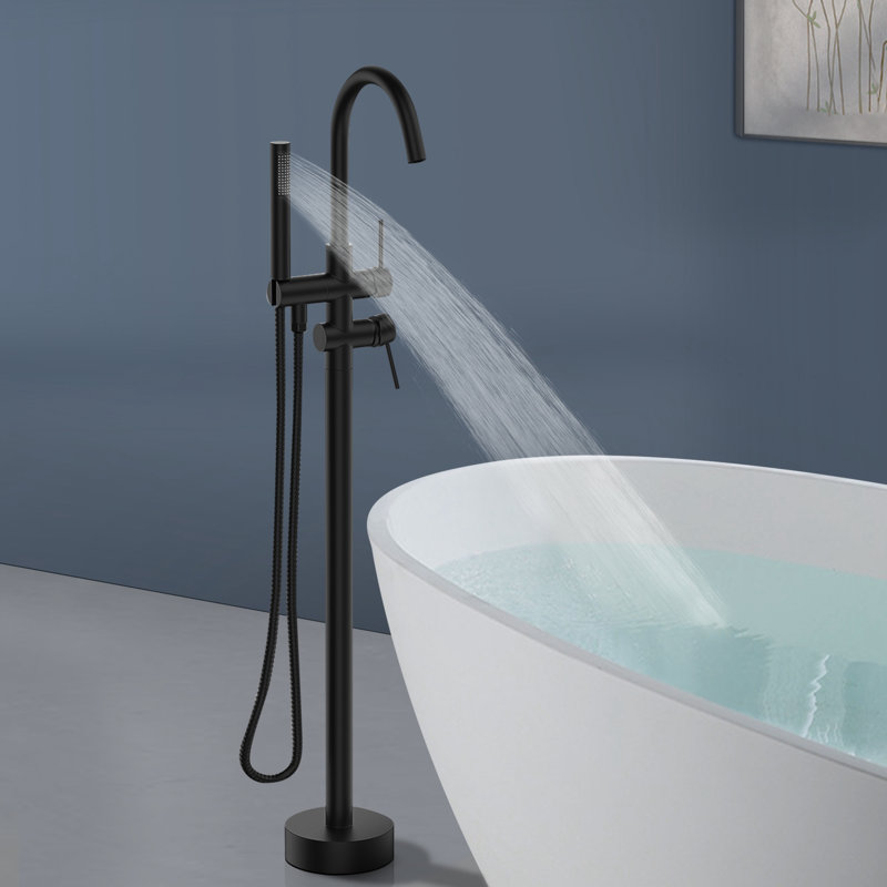 Topcraft Floor Mounted Bathtub Filler With Handheld Showerhead, Matte Black