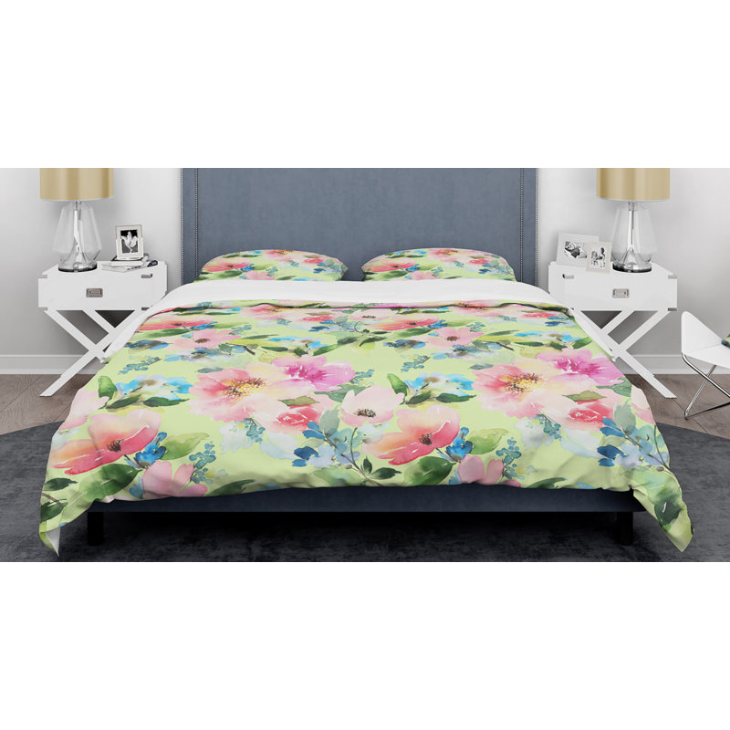 Ensemble de housse de couette mid-century floral botanique, Housse de couette très grand + 2 taies décoratives