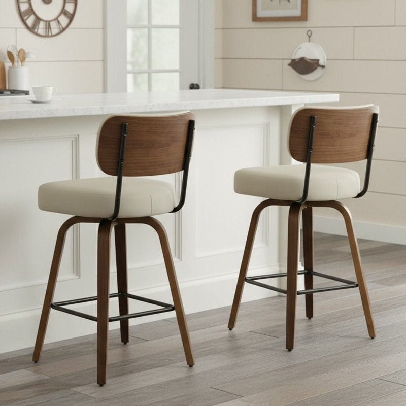 Swivel Upholstered Counter Stool With Wood Frame, Beige Grey, 2