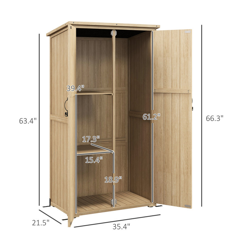 Wooden Garden Shed With Lockable Doors, Waterproof Roof And Shelves - Natural Wood Storage Cabinet For Gardening Tools Pool Supplies Doors & Shelves, Outdoor