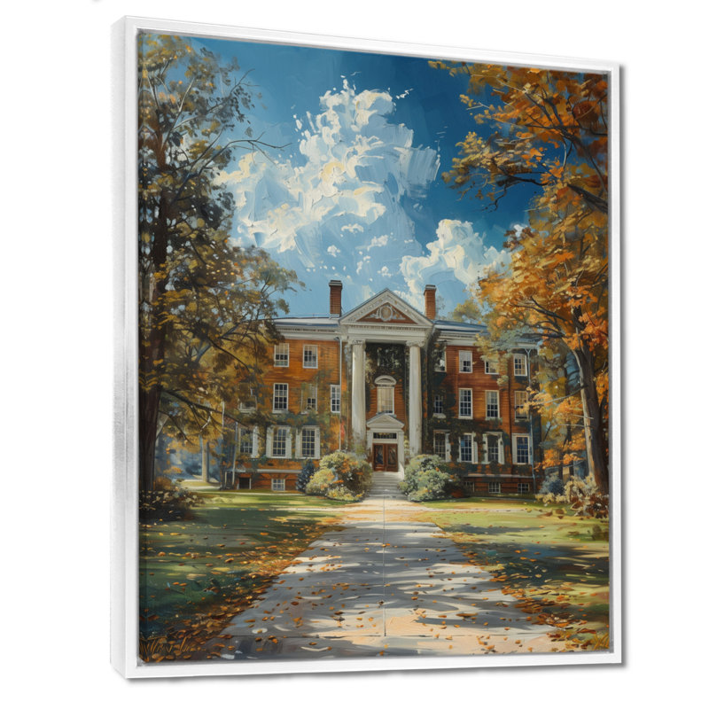 Édifice mural bleu et brun en été - Édifice collégial et universitaire, Cadre flottant blanc, H 16 po x l 32 po