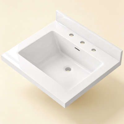 24" W × 22" D Solid Surface Vanity Top with Integrated Center Single Sink White Bathroom Countertop 3.5" Backsplash & 3 Pre Drilled Faucet Holes for 8" Widespread