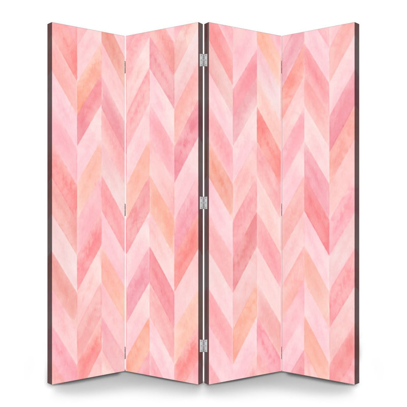Cloison pliante 4 panneaux à paravents à l'aquarelle rose pastel avec toile à chevrons géométrique, 4