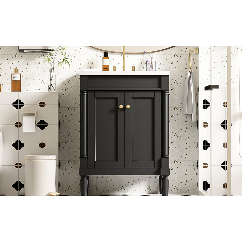 Armoire de salle de bain 24 po, 2 poignées en métal exquises, meuble-lavabo simple d'aspect tendance, 24 po, structure en bois massif, intérieur spacieux