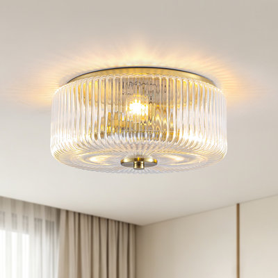3 - Light Dimmable Ribbied Glass Drum Flush Mount -11.81 Inch