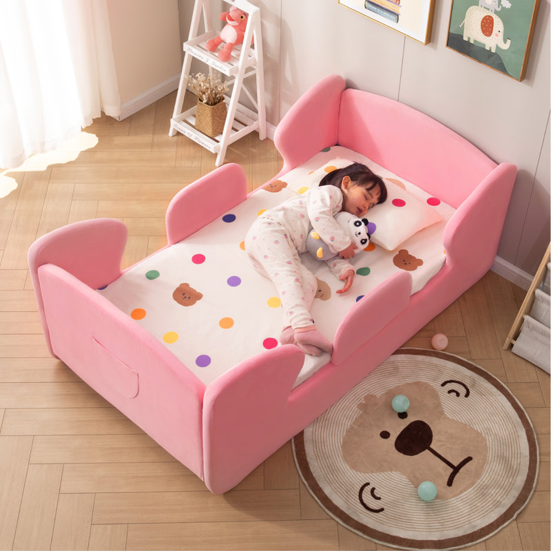 Toddler Floor Bed Frame with Removable Safety Rails and Storage Bag, Kids Bed for Girl and Boys, Standard Crib Size Portable Beds, Safety Upholstered Child Beds, Low to Floor Design
