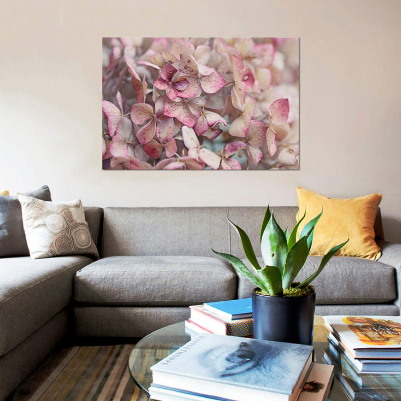 Hortensia rétro, impression sur toile, H 12 po x l 18 po x P 1,5 po, Toile tendue, Pas de tapis