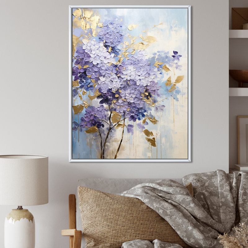 Rêves de lilas pastel mauve et doré sur toile, Cadre flottant blanc, H 32 po x l 16 po x P 1 po