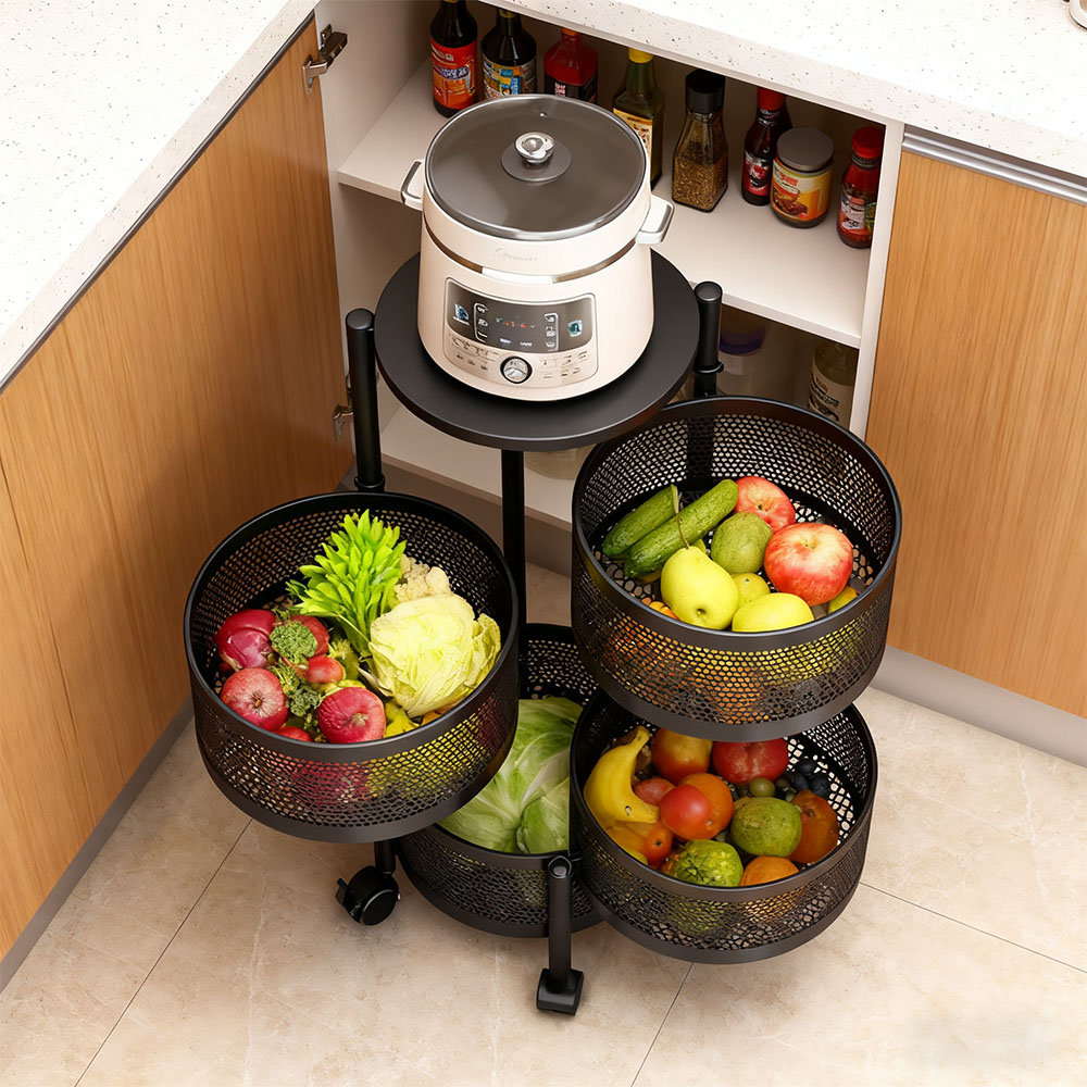 4-Tier Kitchen Storage Organiser with Rotating Baskets and Castors