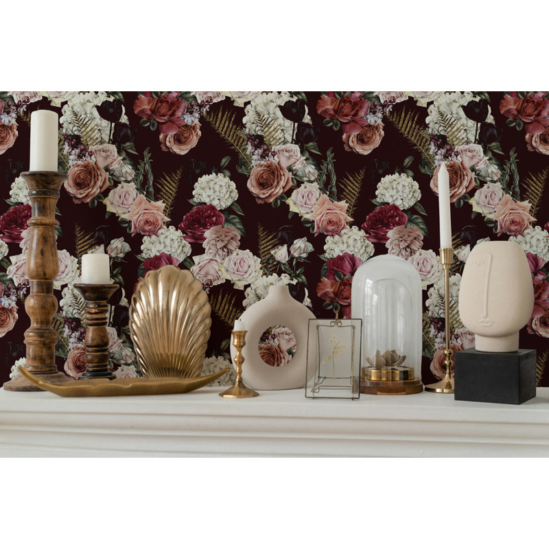 Papier peint floral rose foncé avec des fleurs de rosé, L 49,92 po x l 75 po