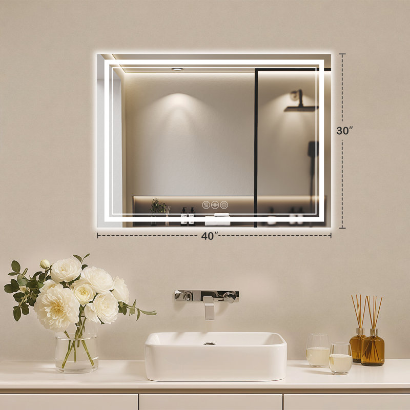 Miroir de salle de bain super lumineux et lumineux à DEL avec éclairage à 3 couleurs avec anti-buée avec garantie UL, RoHS, ETL