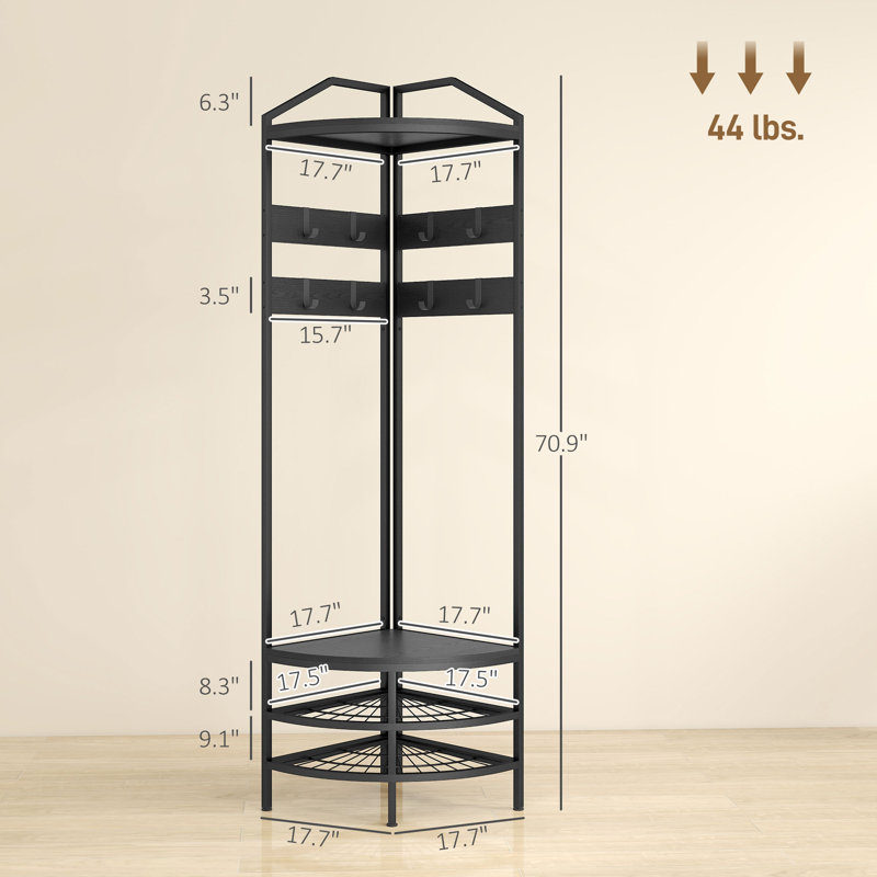 Corner Hall Tree, Industrial 4-Tier Coat Rack With Shoe Storage, 8 Movable Hooks And 2 Shelves For Hallway, Black, Black