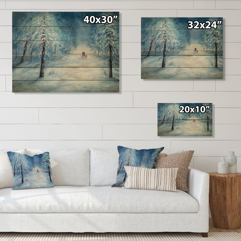 Couple romantique marchant dans la forêt d'hiver - impression d'art mural traditionnel en bois, H 24 po x l 36 po x P 1 po