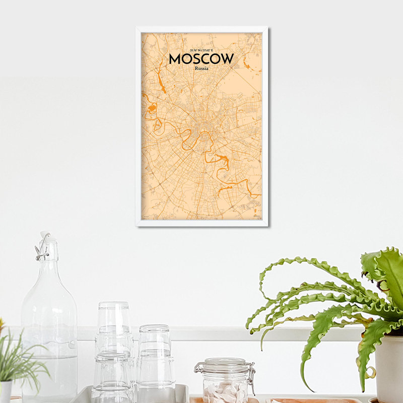 «Moscow City Map», impression, H 17 po x l 11 po, Orange / or pâle
