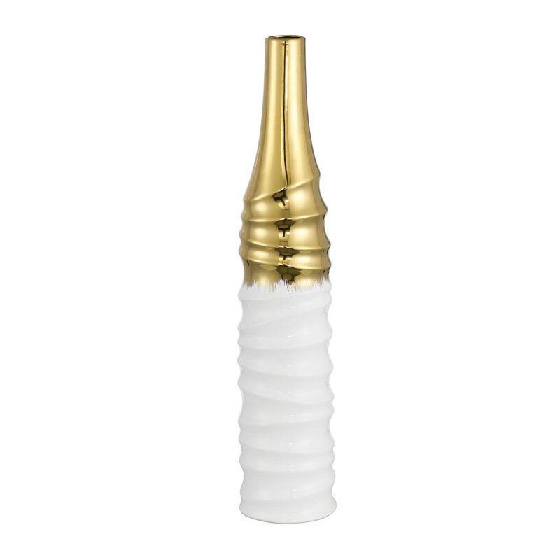 Élégant vase de plancher en céramique sculpté, Blanc / Doré