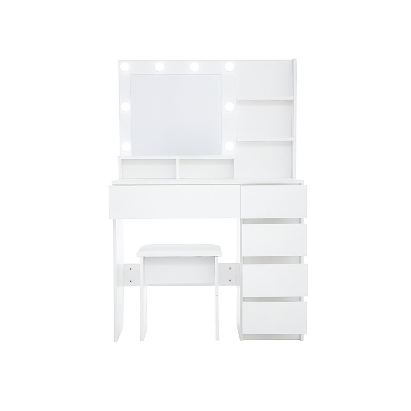 Vanity Makeup Desk With Mirror & Charging Station, 2 Ports, Ample Storage, White Table , 3 Lighting Demonstrations, 4 Drawers, Generous Storage Space, Modern