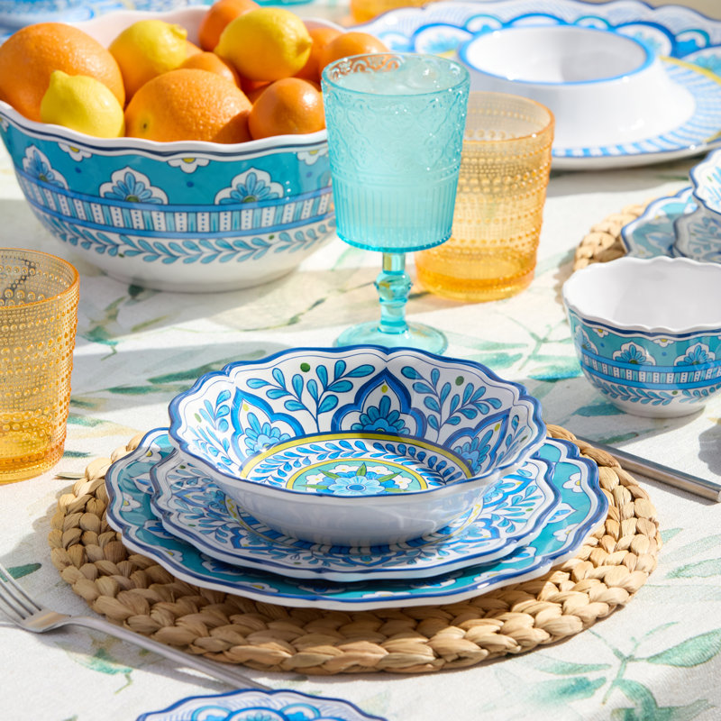 Porto 12pc Melamine Dinnerware Set for 4 – artistically designed Talavera Tile Art, Turquoise Blue Yellow Mandala, Shatterproof Outdoor Plates Bowls, Mediterranean Patio Dining, Poolside Entertaining Magic