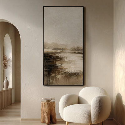 Très grande reproduction d'art sur toile - Paysage neutre doux avec horizon de rivière calme et roseaux subtils dans une atmosphère de ton de terre pour le salon ou la chambre à coucher - «Assemblage requis du cadre (cadre non fini)»