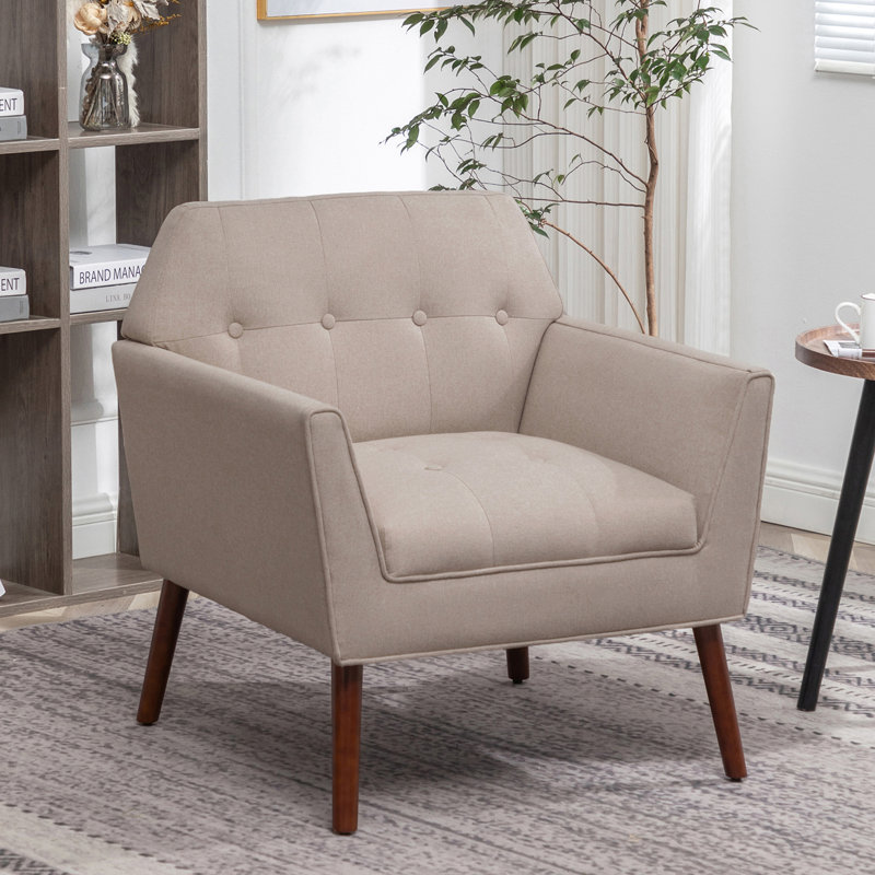 Fauteuil capitonné à boutons avec structure en bois massif 30 po Ayna, Mélange de polyester / coton gris foncé