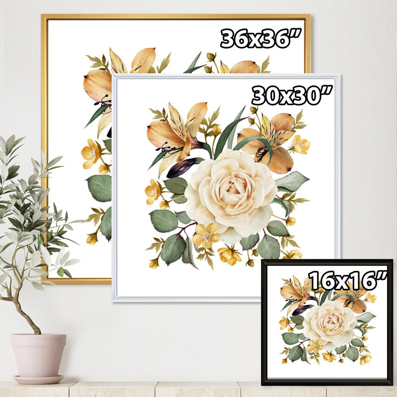 Rose blanche rétro - peinture sur toile, H 30 po x l 30 po x P 1 po, Cadre flottant blanc