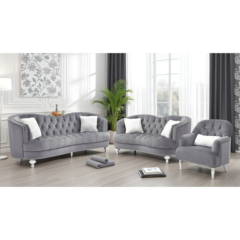 Ensemble de salon 3 pièces en velours, Gris