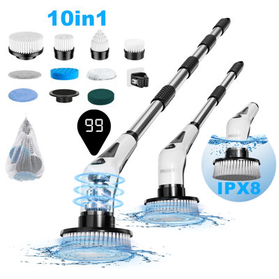 Electric Spin Scrubber, IPX8 Waterproof, LED Display, with 9 Replaceable Brush Heads and 4 Adjustable Extension Handles, 2 Speeds Cordless Cleaning For Bathroom, Kitchen, Tile, Floor, Household Cleaning