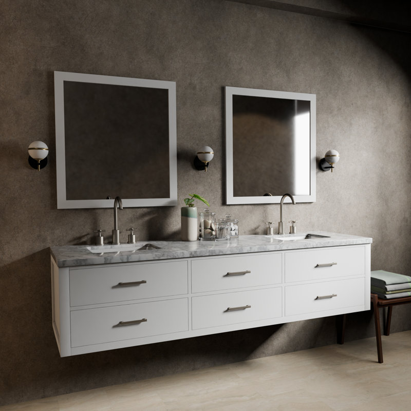 Ensemble de meuble-lavabo double 80 po, Blanc, Marbre de Carrare blanc