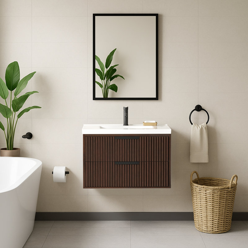 Meuble-lavabo flottant avec lavabo simple blanc Maxbano, Noyer foncé, Noir