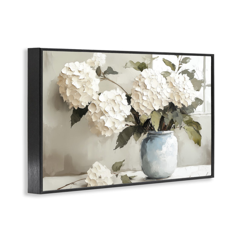 «Daubed Hydrangea Petals Bouquet», art numérique par Annabelle Hall, H 12 po x l 18 po, Giclée encadrée noir minuit