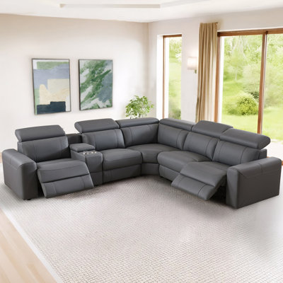 Oversized Power Recliner Sofa with Console & Dual Recliners, Leather Sectional Couch for Living Room by Hokku Designs