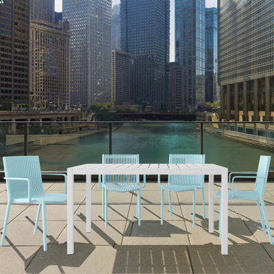 4pcs Stackable PP Armchair for Indoor/Outdoor Use – Ergonomic Slatted Back with 55 Inch Modern Long Table - Indoor/Outdoor- Lightweight PP Tabletop with Metal