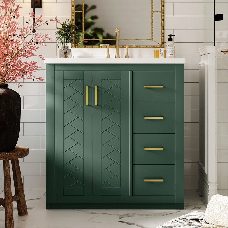 Meuble-lavabo de 30 po avec cadre en bois massif, charnières, planches, grand espace de rangement, design rétro et poignées en métal exquises pour les articles de toilette