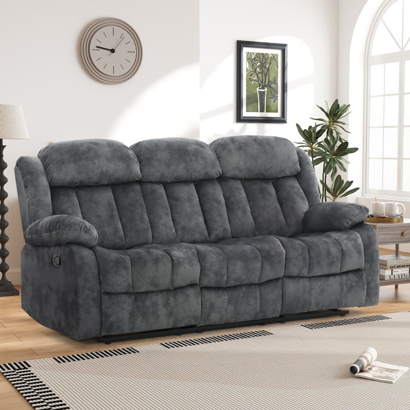 84" Manual Reclining Microsuede Sofa, 3-Seater Recliner Couch with Pull Tab for Living Room