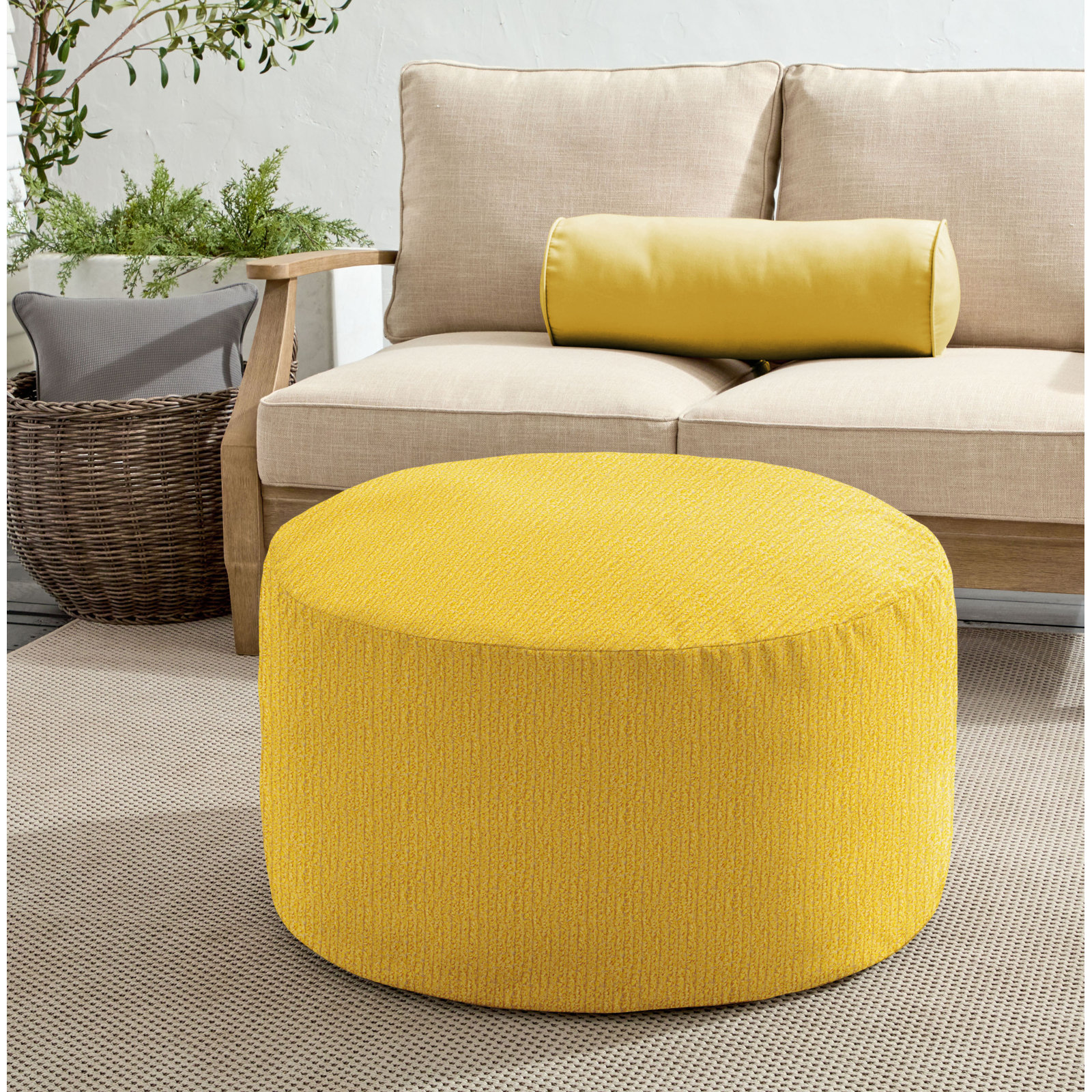 Continuous Round Upholstered Outdoor Ottoman with Sunbrella® Cushion, Yellow