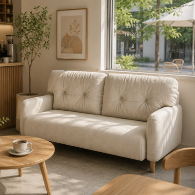 Un luxueux canapé beige à deux places avec une structure en bois massif et des coussins moelleux, parfait pour les petits appartements, idéal pour la détente dans le salon ou pour recevoir.