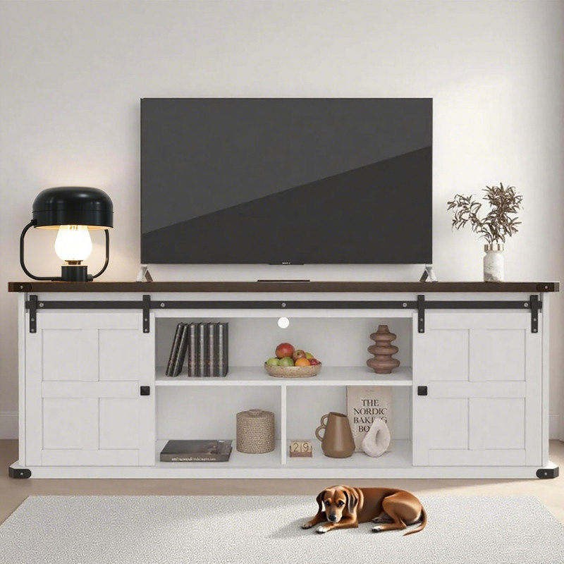 70" Farmhouse TV Stand for 80/75/70 Inch TVs,Entertainment Center Storage Cabinets with Power Outlets and Sliding Barn Door