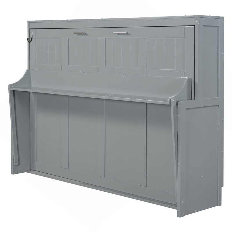 Lit escamotable avec élévateur hydraulique et bureau, Gris, Lit double