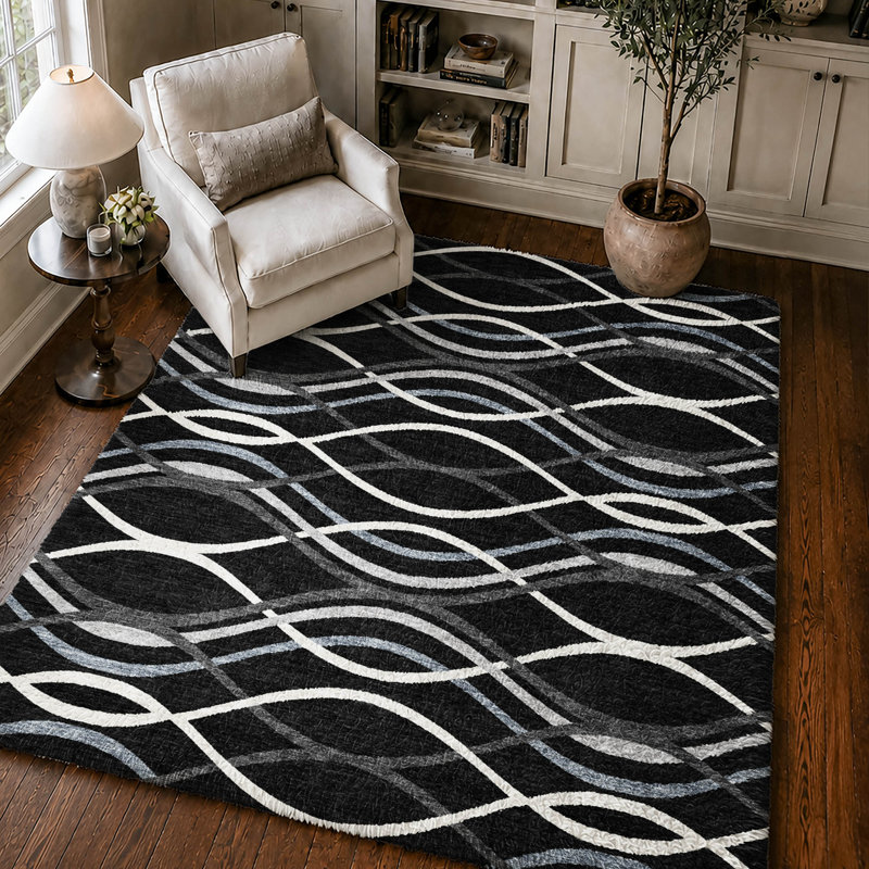 Tapis Dream Shag Waves ADS757, lavable à la machine, de qualité supérieure, Black, 3' x 5'